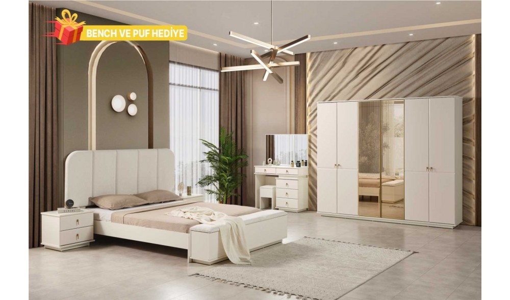 Mitra Yatak Odası Bench ve Puf Hediye (Ön yüzler mdf iç iskelet suntalem malzemeden üretilmiştir)