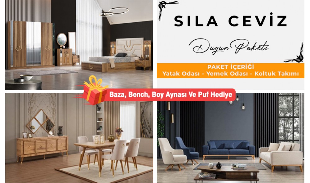 Safir Ceviz Düğün Paketi Baza, Bench, Boy Aynası Ve Puf Hediye