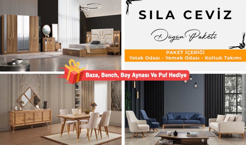 Safir Ceviz Düğün Paketi Baza, Bench, Boy Aynası Ve Puf Hediye