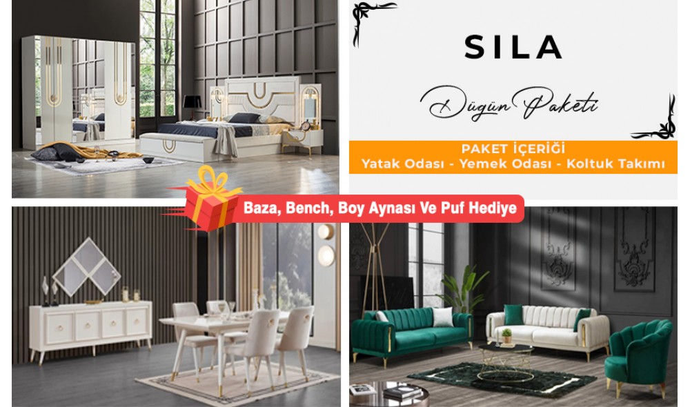 Safir Düğün Paketi Baza, Bench, Boy Aynası Ve Puf Hediye