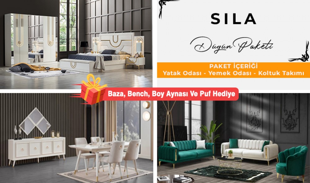 Safir Düğün Paketi Baza, Bench, Boy Aynası Ve Puf Hediye