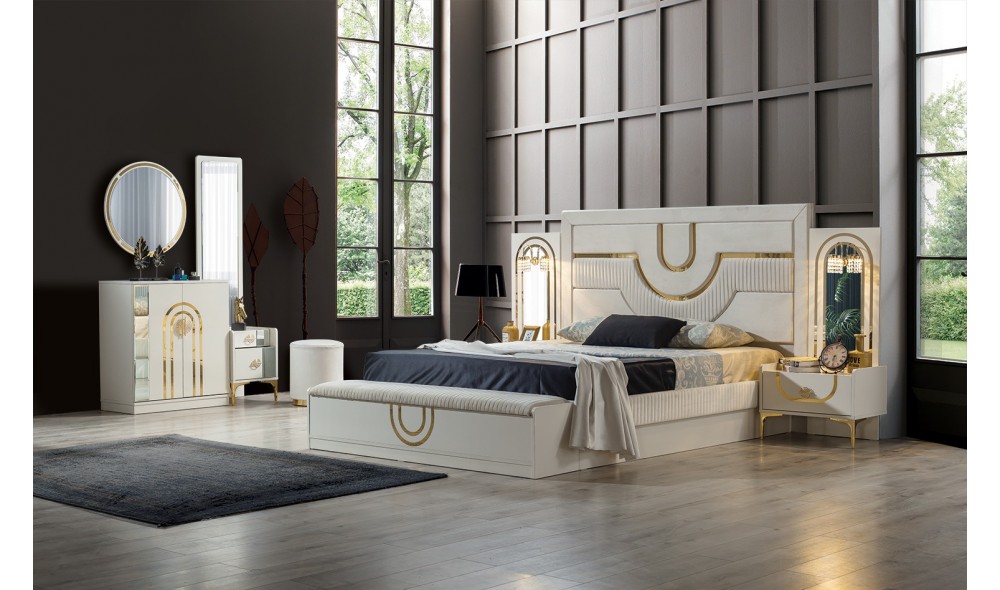 Safir Yatak Odası Baza, Bench, Boy Aynası Ve Puf Hediye