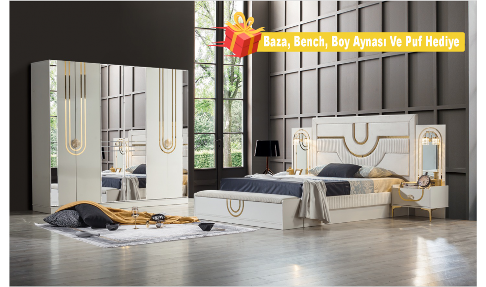 Safir Yatak Odası Baza, Bench, Boy Aynası Ve Puf Hediye