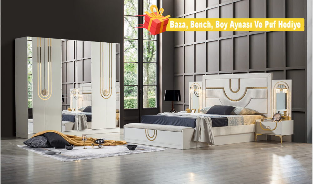 Safir Yatak Odası Baza, Bench, Boy Aynası Ve Puf Hediye