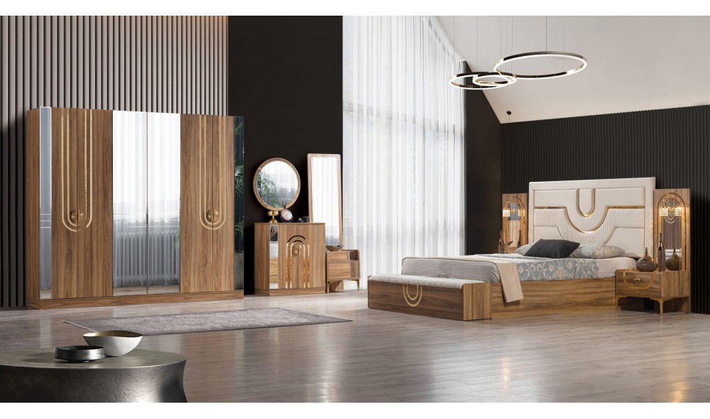 Safir Ceviz Düğün Paketi Baza, Bench, Boy Aynası Ve Puf Hediye