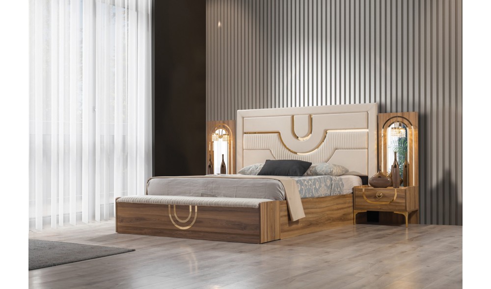 Safir Ceviz Yatak Odası Baza, Bench, Boy Aynası Ve Puf Hediye